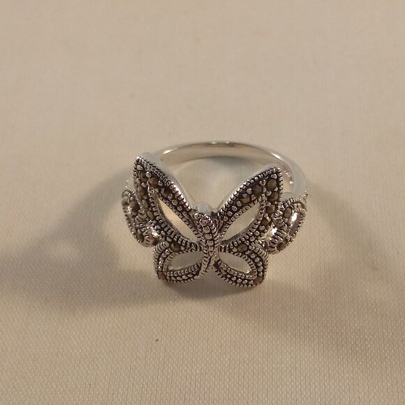 925 Silver Artisian Butterfly Heart Marcasite Ring Stamp 925 + NF Gorgeous Gift - Picture 3 of 8